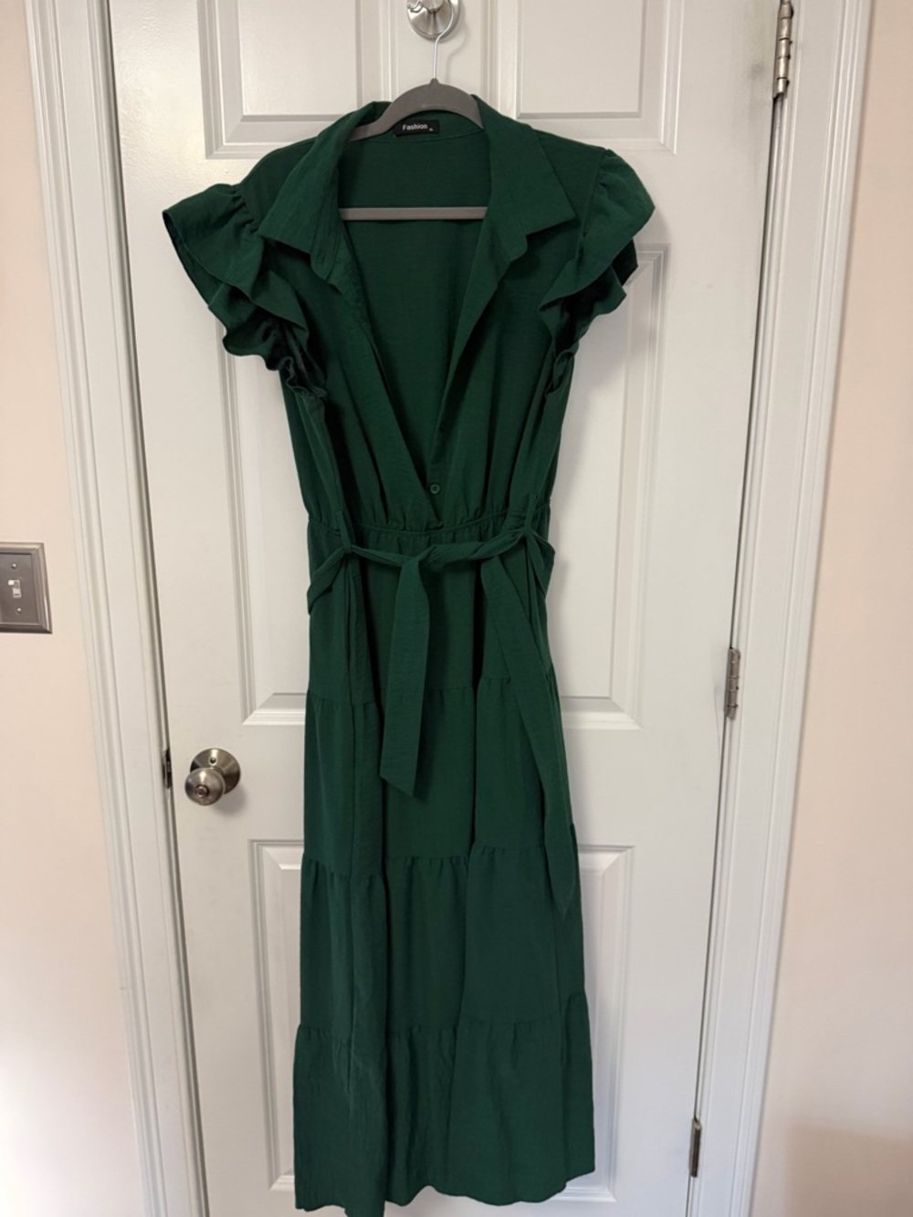 Dark Green Tiered Midi Dress with Waist Tie